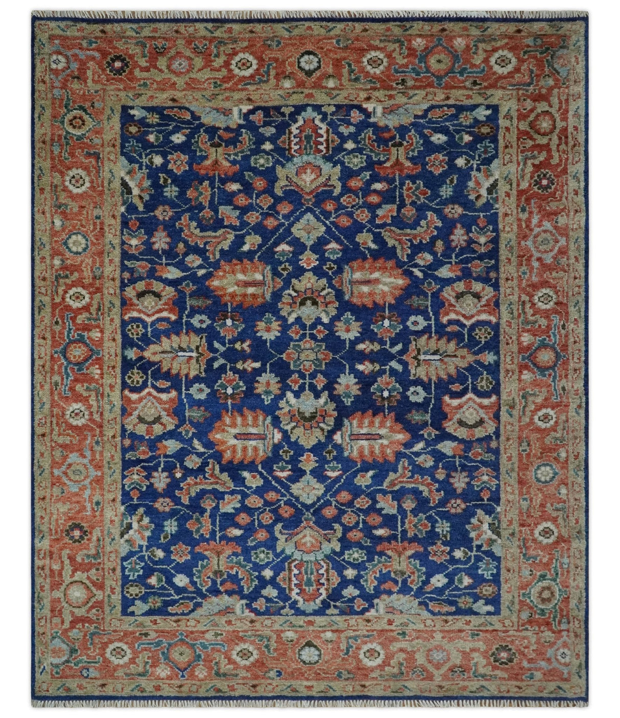 Blue and Rust Turkish Design Traditional Serapi 8X10 Hand Knotted Wool Area Rug