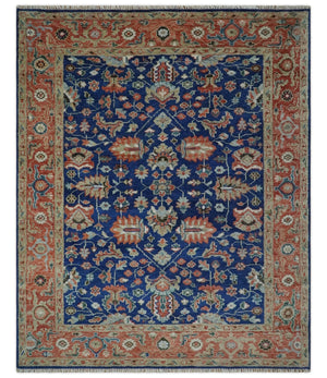 Blue and Rust Turkish Design Traditional Serapi 8X10 Hand Knotted Wool Area Rug