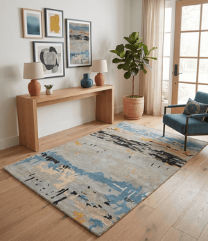 Blue and Silver Modern Abstract Hand Tufted Wool and Art Silk 5x8 Area Rug