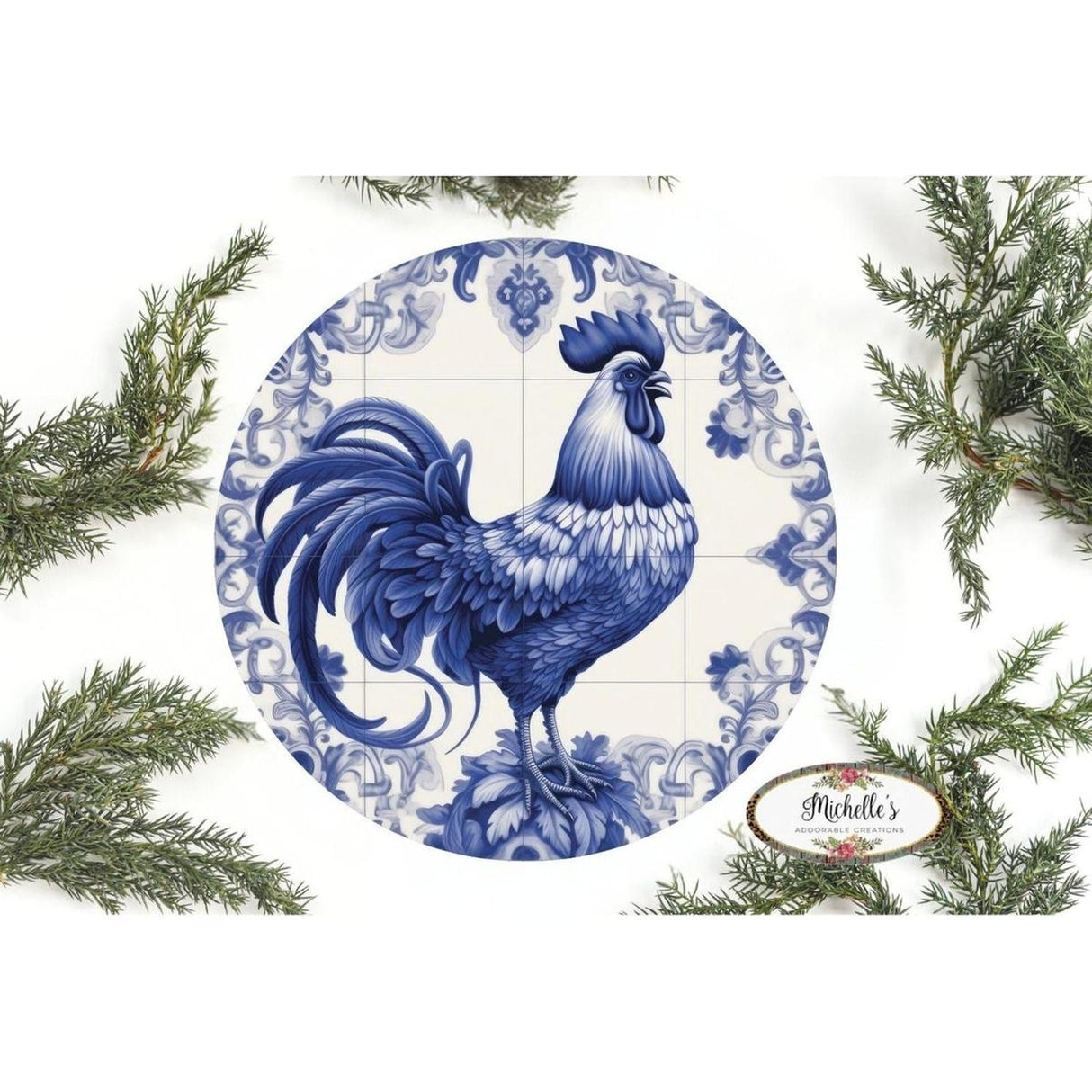Blue Azulejo Rooster Round Sign