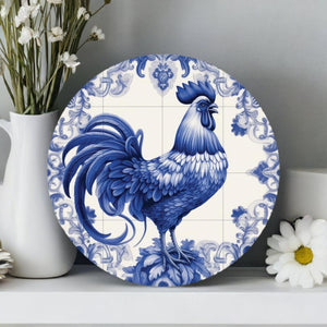 Blue Azulejo Rooster Round Sign
