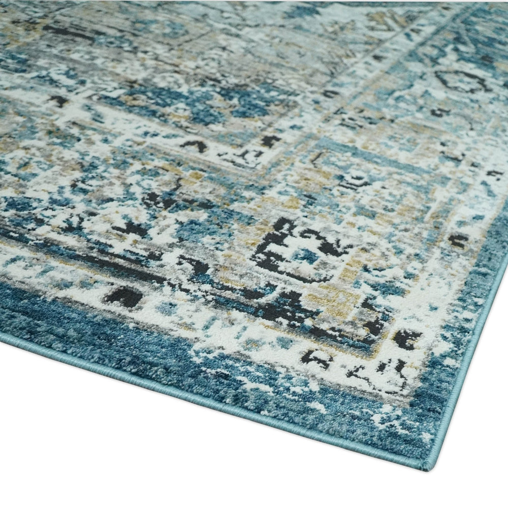 Blue And Beige Traditional Heriz Art Silk Area Rug