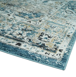 Blue And Beige Traditional Heriz Art Silk Area Rug