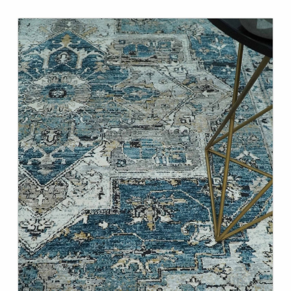 Blue And Beige Traditional Heriz Art Silk Area Rug