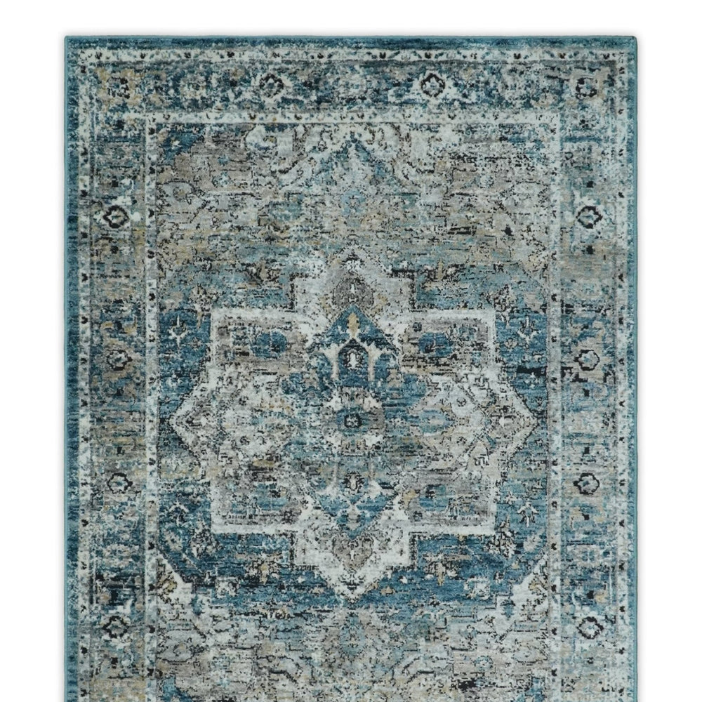 Blue And Beige Traditional Heriz Art Silk Area Rug