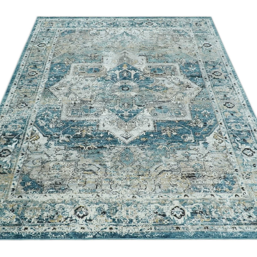 Blue And Beige Traditional Heriz Art Silk Area Rug