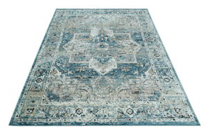 Blue And Beige Traditional Heriz Art Silk Area Rug