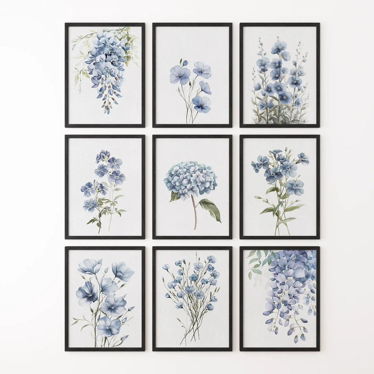 9 Piece Wall Art Decor. Blue Hydrangea Floral Posters