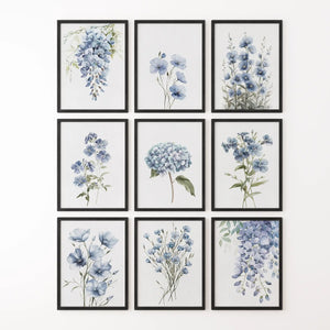 9 Piece Wall Art Decor. Blue Hydrangea Floral Posters