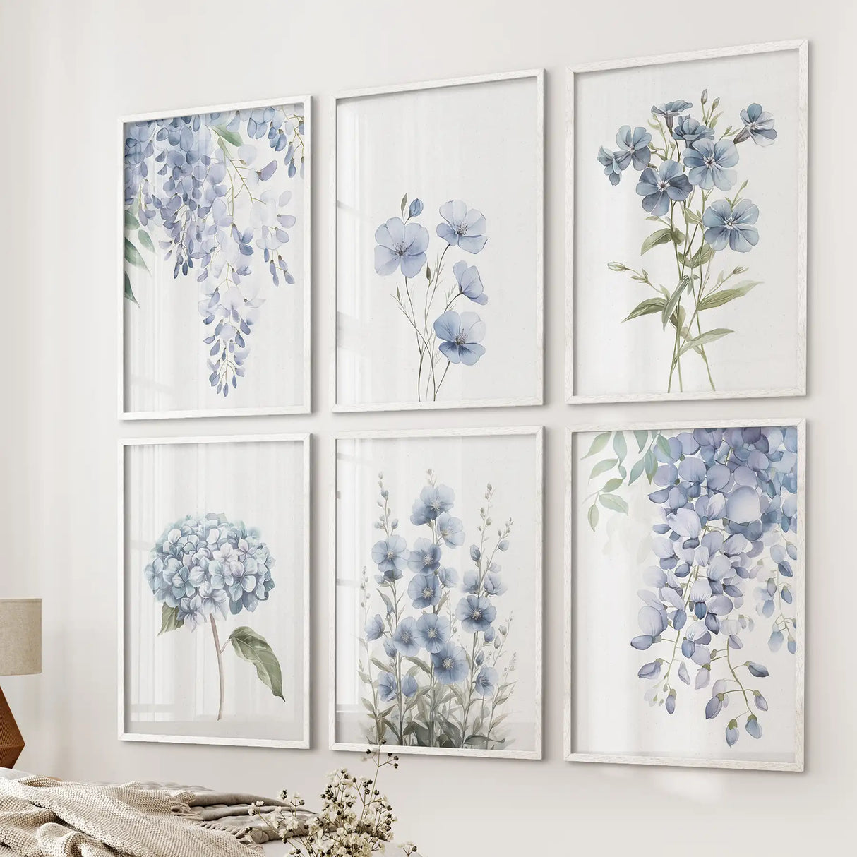 Wisteria, Flax, and Hydrangea Watercolor Art. 6 Piece Décor