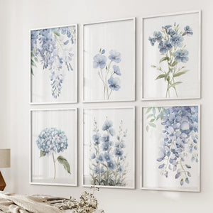 Wisteria, Flax, and Hydrangea Watercolor Art. 6 Piece Décor