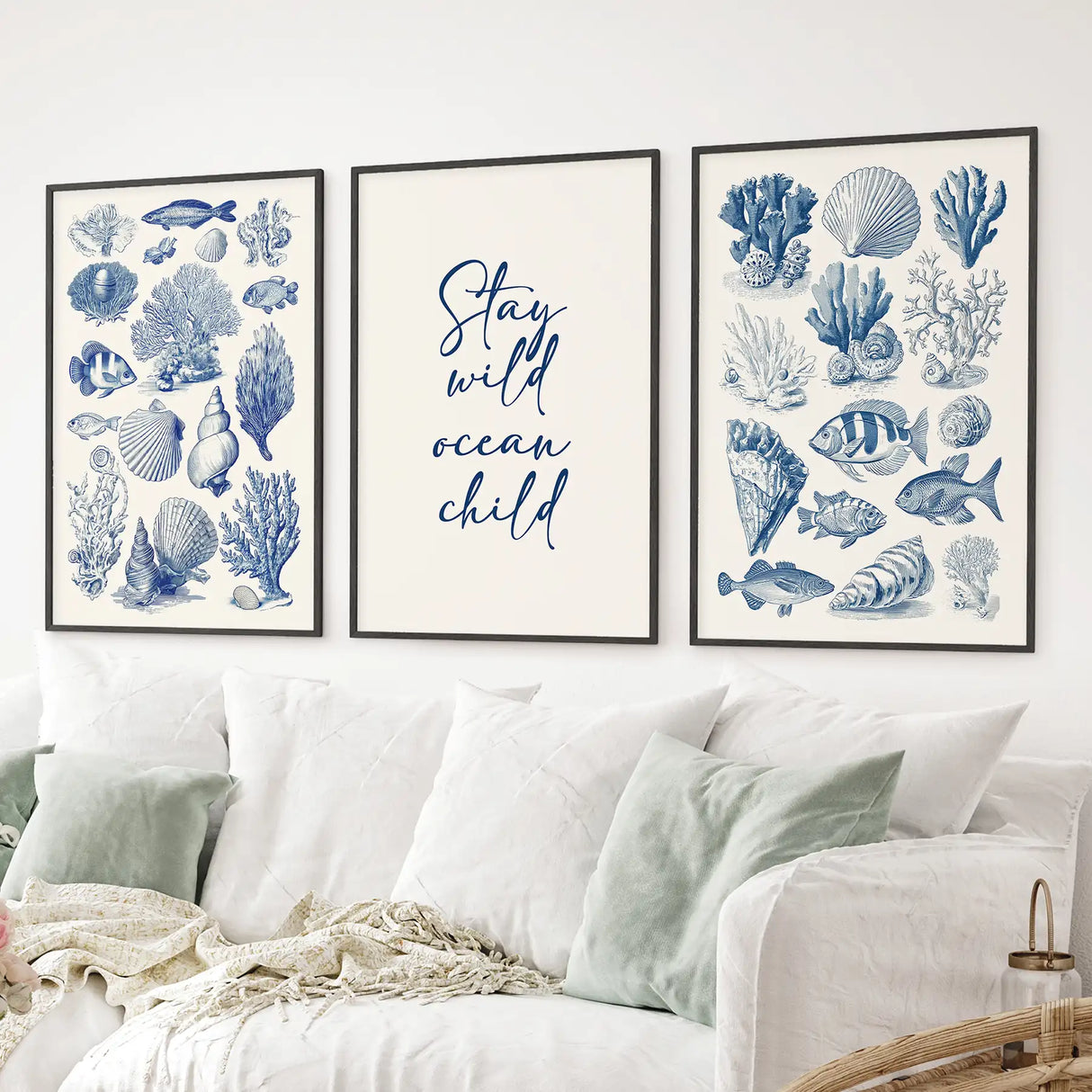 Coastal Sea Life Prints. Blue Sea Shells and Fish Print Set
