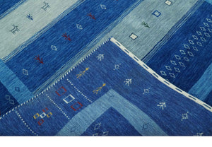 Blue, Gray and Silver Stripes design Tribal Gabbeh Traditional Custom Made Wool Area Rug
