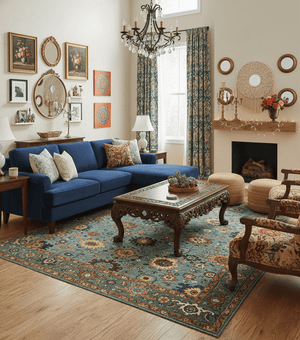 Blue, Green And Rust Traditional Turkish knot fine Hand knotted Wool Area Rug