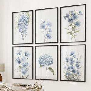 Blue Hydrangea, Wisteria, Flax Flowers Art. Set of 6 Prints