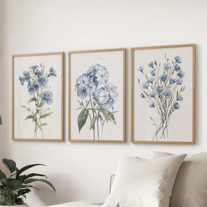 Watercolor Blue Flowers Wall Art. Set of 3 Prints