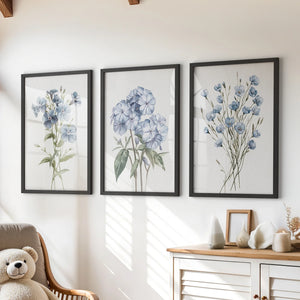 Watercolor Blue Flowers Wall Art. Set of 3 Prints