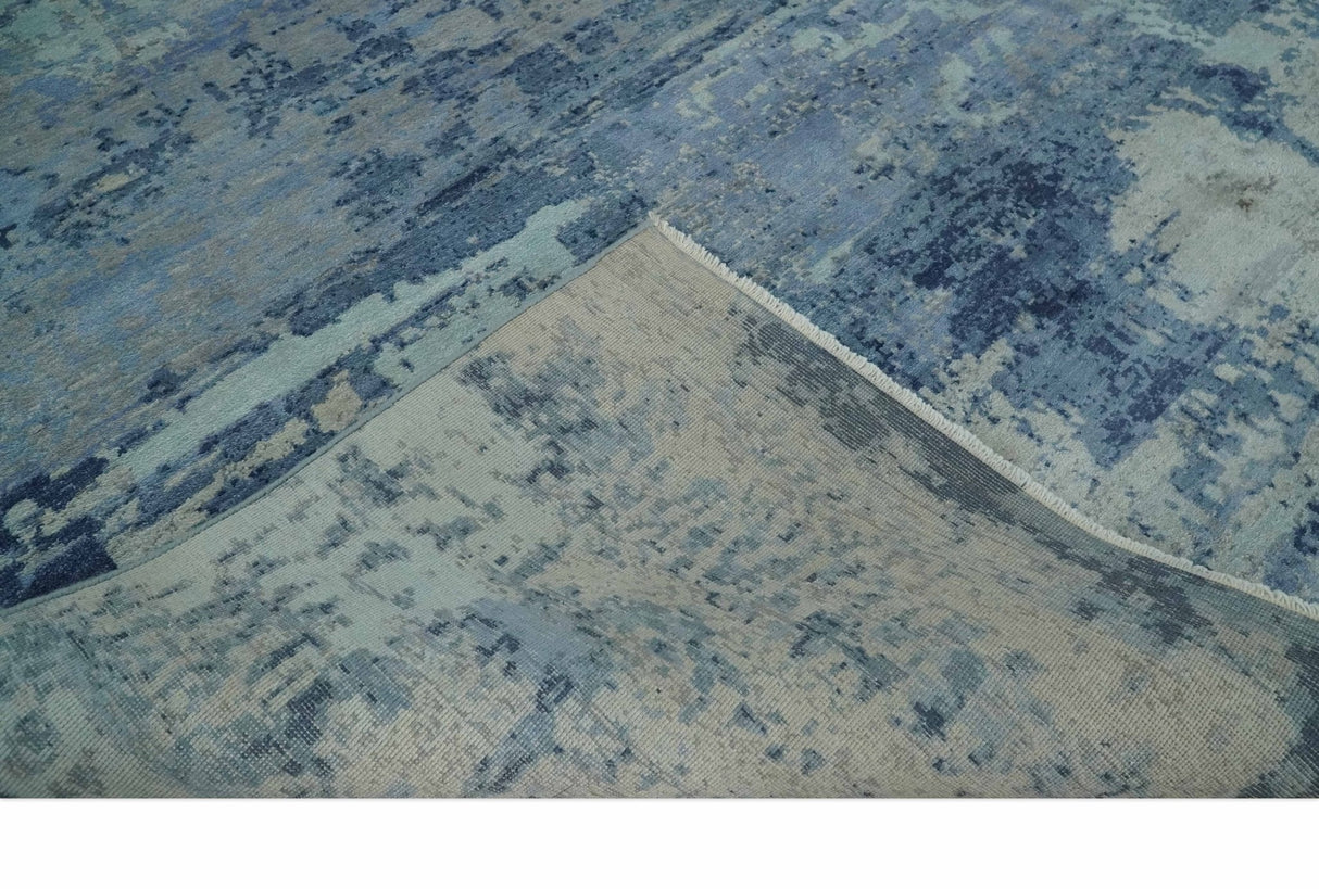 Blue, Ivory and Aqua Modern abstract Hand Knotted 8x10 wool and Bamboo Silk area Rug