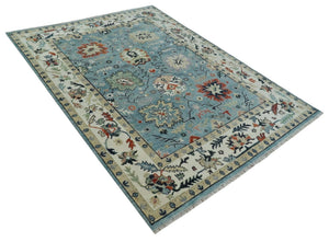 Blue, Ivory and Beige 8x10 and 9x12 Hand knotted Traditional Oushak Wool Area Rug