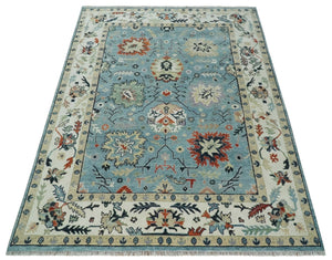 Blue, Ivory and Beige 8x10 and 9x12 Hand knotted Traditional Oushak Wool Area Rug