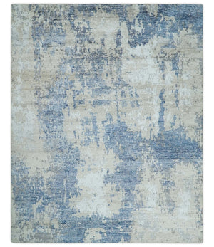 Blue, Ivory and Beige Hand Knotted Abstract 8x10 Bamboo Silk Area Rug | TRD2911