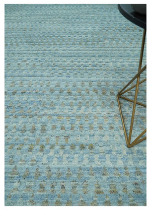 Blue, Ivory and Brown Hand carved Texture Hand Knotted 9x12 Wool Area Rug