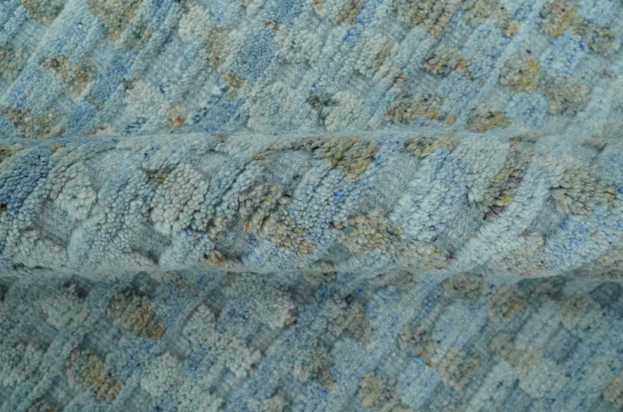 Blue, Ivory and Brown Hand carved Texture Hand Knotted 9x12 Wool Area Rug