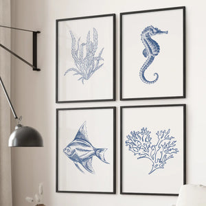 Seaweed, Seahorse, Fish, Coral Art. Set of 4 Coastal Prints