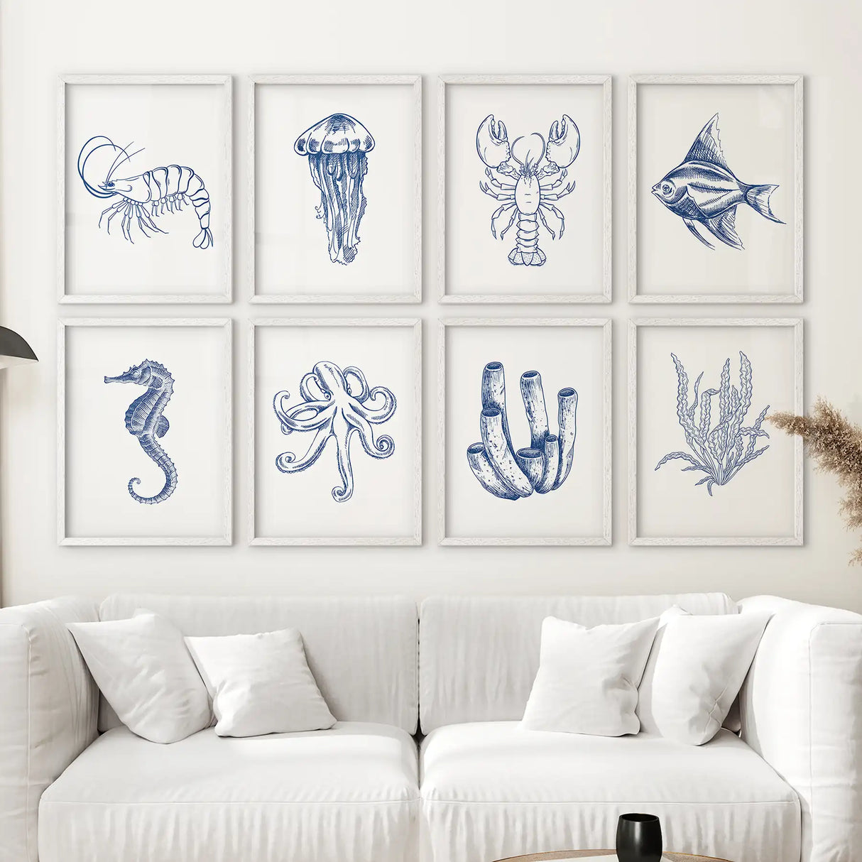 Blue Sea Life Wall Art. Set of 8 Nautical Ocean Animal