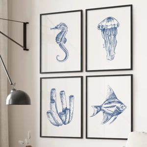 Blue Coastal Artwork. Set of 4 Posters. Jellyfish, Fish Print