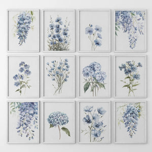 Set of 12 Watercolor Flowers Prints. Blue Hydrangea Wall Art