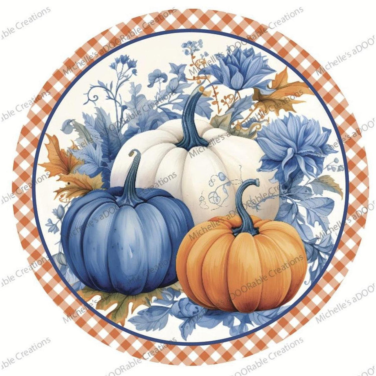 Blue Pumpkin Fall Foliage Plaid Sign - Wreath Accent Sign