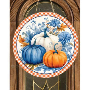 Blue Pumpkin Fall Foliage Plaid Sign - Wreath Accent Sign