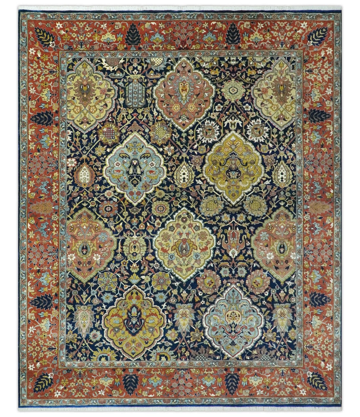Blue, Rust and Mustard Traditional Large Design 8.4x10 fine wool area rug