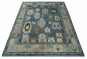 Blue, Silver and Beige Hand knotted Traditional Oushak 9x12 Wool Area Rug