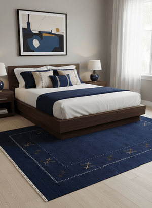Blue Tribal Border Design Hand Loomed Wool Area Rug