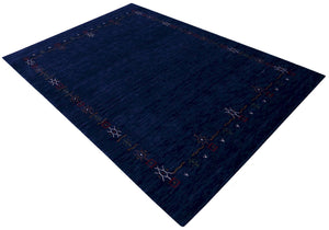 Blue Tribal Border Design Hand Loomed Wool Area Rug