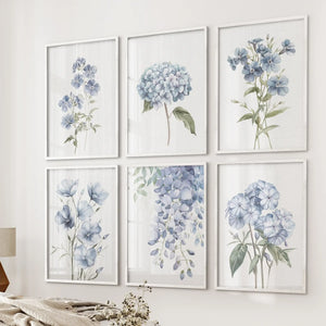 Watercolor Hydrangea, Wisteria Wall Art. Set of 6 Prints