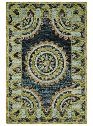 Hand Tufted Blue, Rust and Moss Gold Colorful Wool Area Rug
