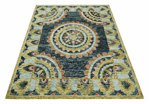 Hand Tufted Blue, Rust and Moss Gold Colorful Wool Area Rug