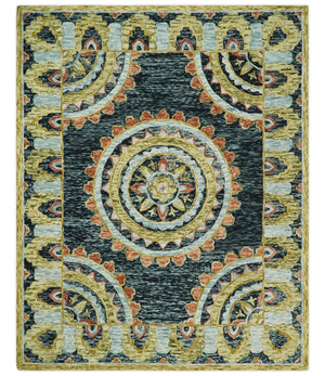 Hand Tufted Blue, Rust and Moss Gold Colorful Wool Area Rug