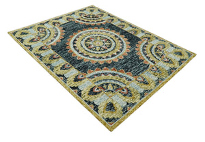 Hand Tufted Blue, Rust and Moss Gold Colorful Wool Area Rug