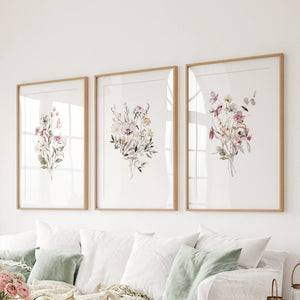 Floral Art Set of 3. Watercolor Wildflower Bouquet Prints