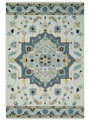 Hand Tufted Blue, Camel and Ivory Medallion Design Wool Area Rug