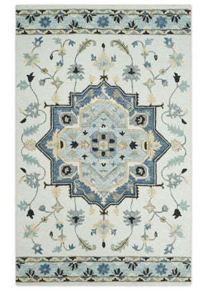 Hand Tufted Blue, Camel and Ivory Medallion Design Wool Area Rug