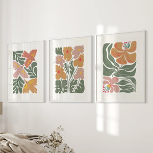 Abstract Botanical Set of 3 Prints. Retro Flower Gallery Art