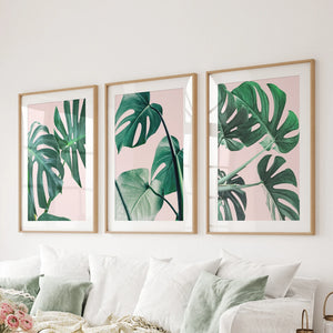 Pink Botanical 3 Piece Wall Art. Green Monstera Leaves Print