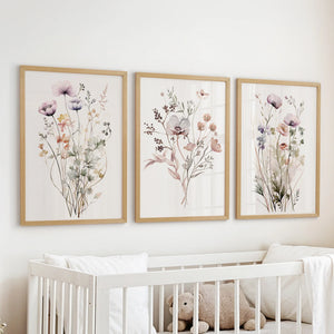 Soft Wildflower Wall Art. Set of 3 Muted Floral Prints