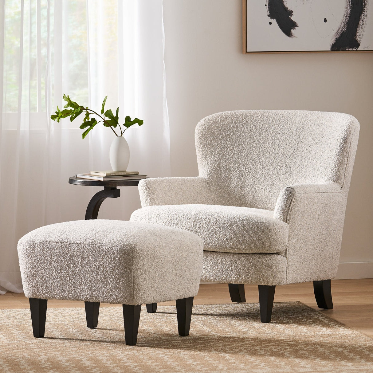 Boucle Fabric Upholstered Accent Chair with Ottoman - Accent Chairs