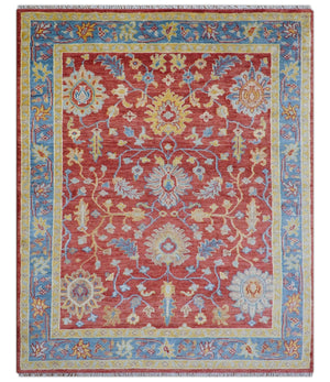 Brickle Red And Blue Traditional Hand Knotted Wool Area Rug